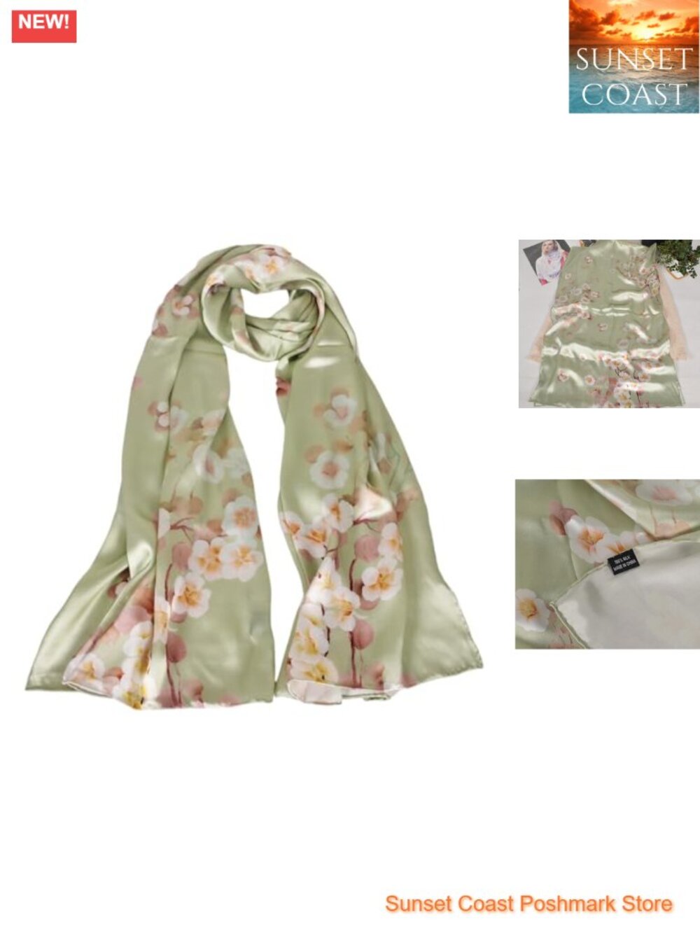 100% Mulberry Silk Neck Scarf Wrap Shawl, 67x20, Lightweight, Artisanal Floral